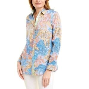 J. McLaughlin Lois Shirt Sz S Blue Tropical Print Button Up Resort Chic